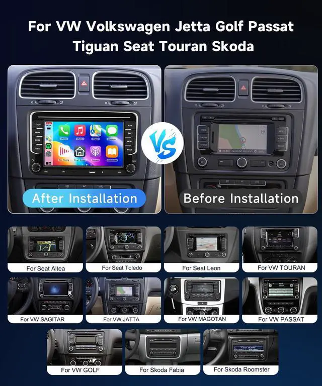 Alt view image 2 of 7 - 4G+64G Car Stereo for VW Passat Jetta MK5 MK6 Tiguan Golf Polo Seat Wireless Carplay/Android Auto Android Car Radio,7 Touch Screen GPS WiFi Bluetooth FM/RDS SWC USB/Type-C+Backup Camera