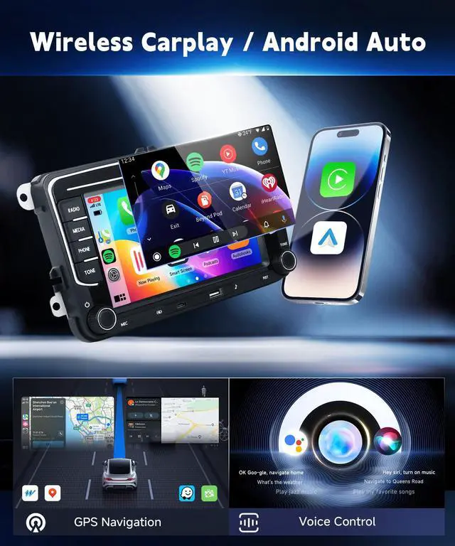 Alt view image 4 of 7 - 4G+64G Car Stereo for VW Passat Jetta MK5 MK6 Tiguan Golf Polo Seat Wireless Carplay/Android Auto Android Car Radio,7 Touch Screen GPS WiFi Bluetooth FM/RDS SWC USB/Type-C+Backup Camera