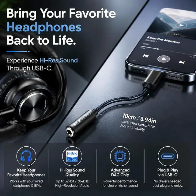 Alt view image 2 of 7 - USB C to 3.5mm Hi-Res Audio Adapter, Built-in DAC, Type C to Aux Headphone Jack, Studio Quality Sound, Supports Calls, Compatible with iPhone 15 16 17, Samsung Galaxy S25 S24 S23, MacBook, iPad, Pixel