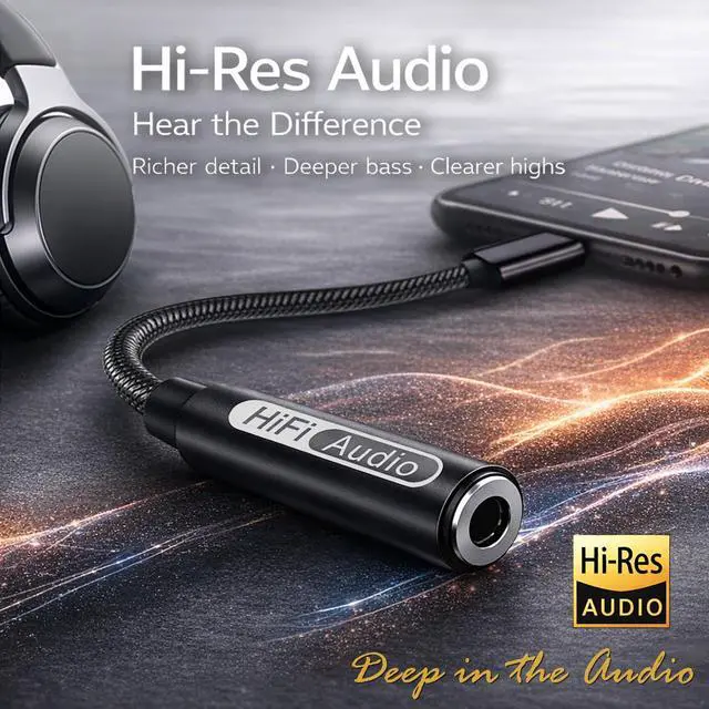 Alt view image 5 of 7 - USB C to 3.5mm Hi-Res Audio Adapter, Built-in DAC, Type C to Aux Headphone Jack, Studio Quality Sound, Supports Calls, Compatible with iPhone 15 16 17, Samsung Galaxy S25 S24 S23, MacBook, iPad, Pixel