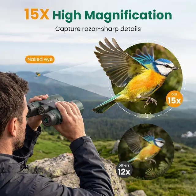 Alt view image 2 of 7 - 15x56 Binoculars for Adults High Powered - Professional BAK4 FMC Optics for Bird Watching, Stargazing, Hunting, Travel & Cruise - 22mm Large Eyepiece for Wide View & Eye Comfort - Green