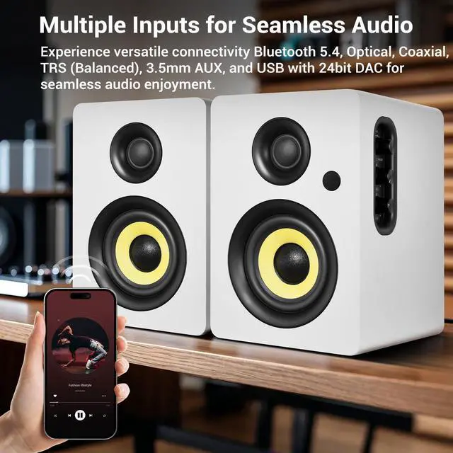Alt view image 3 of 7 - SW206 80W 2.0 Active Bookshelf Speakers, Dual-Mode Creator & Music | 4" Carbon Fiber + 25mm Silk Dome, 24bit DAC, 6.35mm TRS Balanced + (Optical/Coaxial/AUX/USB/BT) Inputs, MDF, (Pair, White)