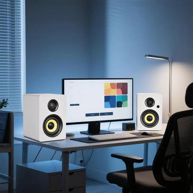Alt view image 6 of 7 - SW206 80W 2.0 Active Bookshelf Speakers, Dual-Mode Creator & Music | 4" Carbon Fiber + 25mm Silk Dome, 24bit DAC, 6.35mm TRS Balanced + (Optical/Coaxial/AUX/USB/BT) Inputs, MDF, (Pair, White)