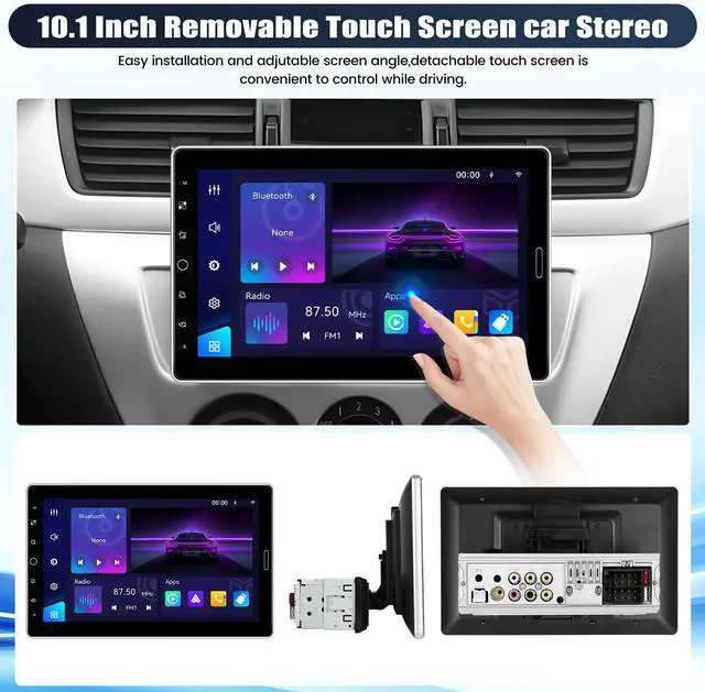 Alt view image 2 of 7 - 10.1 Inch Single Din Car Radio Stereo with Wireless CarPlay&Android Auto, Detachable Touch Screen Radio with Mirror Link AM/FM Radio Bluetooth EQ Audio SWC+Backup Camera+MIC