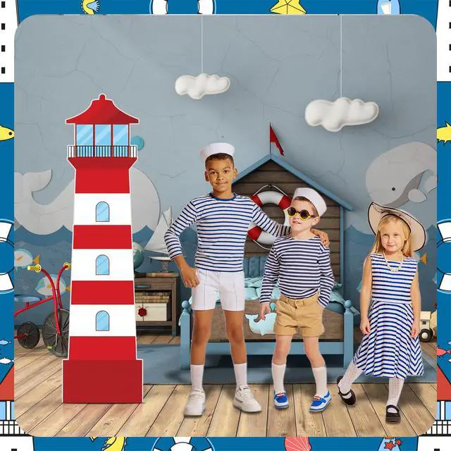 Alt view image 5 of 7 - 5.25 FT Lighthouse Cardboard Cutout for Coastal Nautical Party Outdoor | Let Your Light Shine VBS Decorations Nautical Party Cardboard Cutouts Stand up Lighthouse Photo Booth Backdrop