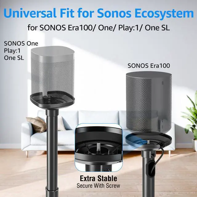 Alt view image 2 of 7 - Speaker Stands for Sonos Era 100, Sonos One, One SL, Play:1, Height Adjustable 35"-43" Floor Standing Speaker Stands Pair with Cable Management, Ear Level Surround Sound, 11lbs Loading, MU9146