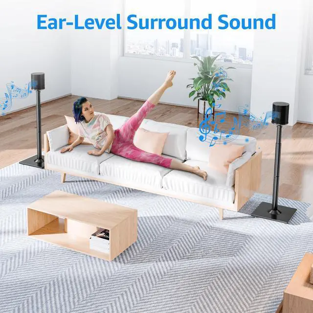 Alt view image 6 of 7 - Speaker Stands for Sonos Era 100, Sonos One, One SL, Play:1, Height Adjustable 35"-43" Floor Standing Speaker Stands Pair with Cable Management, Ear Level Surround Sound, 11lbs Loading, MU9146
