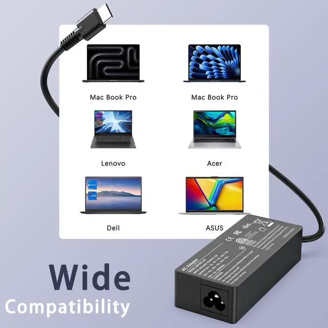 Alt view image 5 of 7 - 100W USB C Laptop Charger Universal Power Adapter Compatible with Lenovo,Mac Book Pro/Air 16, 15, 14, 13 Inch,Dell,Asus and More Chromebook Type C Power Cord