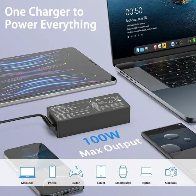 Alt view image 6 of 7 - 100W USB C Laptop Charger Universal Power Adapter Compatible with Lenovo,Mac Book Pro/Air 16, 15, 14, 13 Inch,Dell,Asus and More Chromebook Type C Power Cord