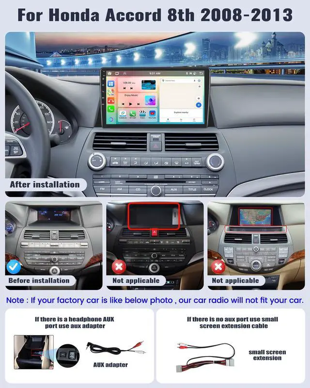 Alt view image 2 of 7 - Android 13 Car Stereo for Honda Accord 2008 2009 2010 2011 2012 2013 10.1 Inch Touch Screen 2G+64G CarPlay Android Auto Car Radio Bluetooth GPS Navigation HiFi WiFi FM SWC Backup Camera MIC