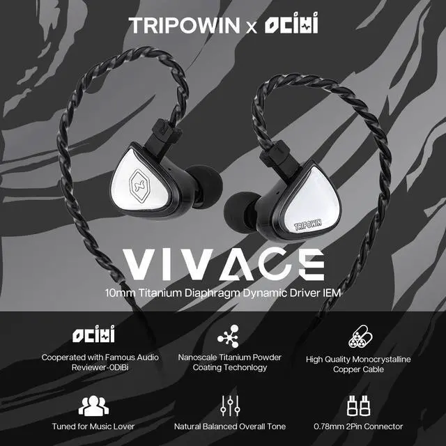 Alt view image 2 of 7 - Tripowin x 0DiBi: Vivace in Ear Monitor, 10mm Titanium Diaphragm Dynamic Driver IEM, HiFi Wired Earbuds Earphone, Gaming Earbuds with 2Pin Detachable Cable for Musicians Audio Enthusiasts