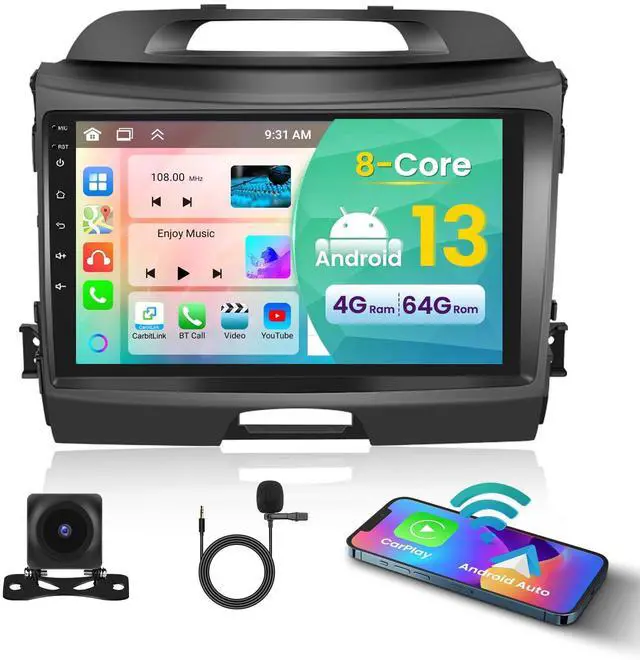 Main image of Android Car Stereo for Kia Sportage 2010-2016 Wireless CarPlay Android Auto | 9 Inch Touchscreen with 8Core 4+64G, Sportage Radio with 5Ghz WiFi GPS Bluetooth5.0 FM/RDS 32EQ/DSP SWC Backup Camera MIC