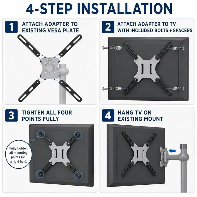 Alt view image 4 of 7 - Mount-It VESA Mount Adapter Kit, 200x200 to 400x400mm, Fits 32-55" TVs | Heavy-gauge steel kit converts 200x200mm mounts to fit 400x200 and 400x400mm patterns