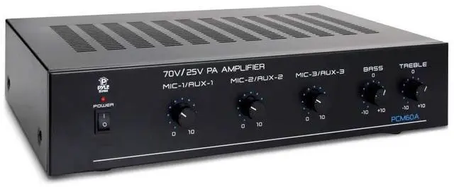 Main image of Compact Mini Home Power Amplifier - 100W Smart Indoor Audio Stereo Receiver w/ RCA, 3 Microphone IN, AUX, 25/70V Outputs, LED, Input Selector, For PA, Amplified Speaker Sound System PCM60A Black