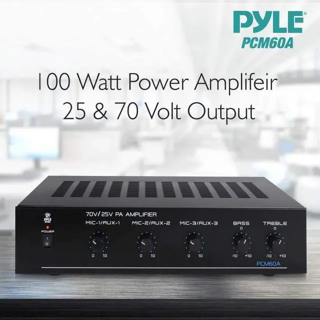 Alt view image 2 of 7 - Compact Mini Home Power Amplifier - 100W Smart Indoor Audio Stereo Receiver w/ RCA, 3 Microphone IN, AUX, 25/70V Outputs, LED, Input Selector, For PA, Amplified Speaker Sound System PCM60A Black