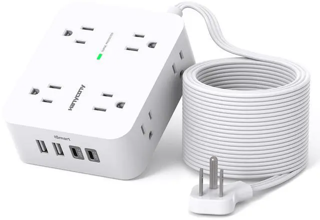 Main image of 15 Ft Long Extension Cord with Multiple Outlets, Flat Plug Power Strip | Surge Protector, 1080J, 8 Outlets 4 USB Ports(2 USB C), Desk Outlet Extender, Wall Mount, Home Office Dorm Room Essentials