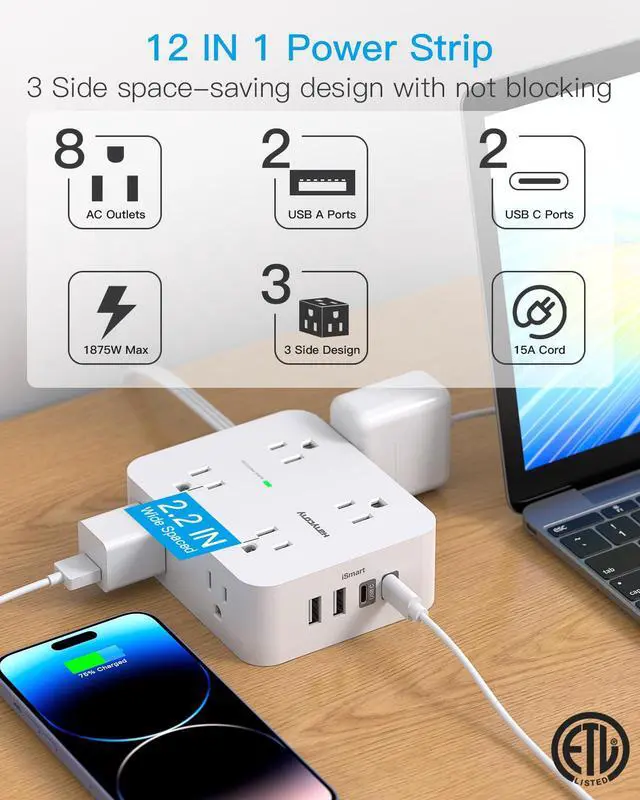 Alt view image 3 of 6 - 15 Ft Long Extension Cord with Multiple Outlets, Flat Plug Power Strip | Surge Protector, 1080J, 8 Outlets 4 USB Ports(2 USB C), Desk Outlet Extender, Wall Mount, Home Office Dorm Room Essentials