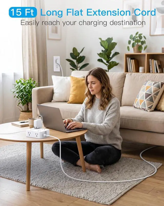 Alt view image 2 of 6 - 15 Ft Long Extension Cord with Multiple Outlets, Flat Plug Power Strip | Surge Protector, 1080J, 8 Outlets 4 USB Ports(2 USB C), Desk Outlet Extender, Wall Mount, Home Office Dorm Room Essentials