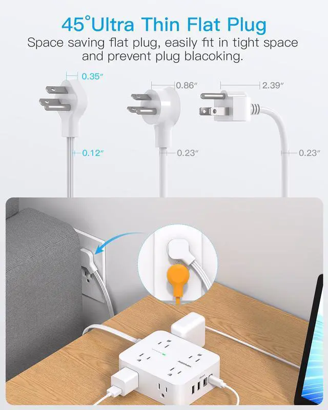 Alt view image 5 of 6 - 15 Ft Long Extension Cord with Multiple Outlets, Flat Plug Power Strip | Surge Protector, 1080J, 8 Outlets 4 USB Ports(2 USB C), Desk Outlet Extender, Wall Mount, Home Office Dorm Room Essentials