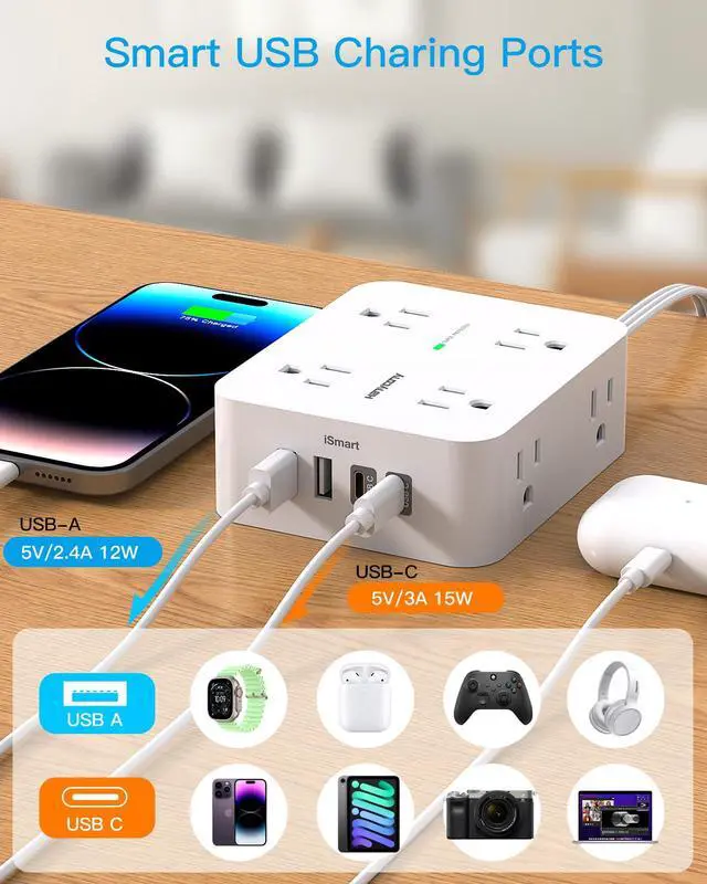 Alt view image 6 of 6 - 15 Ft Long Extension Cord with Multiple Outlets, Flat Plug Power Strip | Surge Protector, 1080J, 8 Outlets 4 USB Ports(2 USB C), Desk Outlet Extender, Wall Mount, Home Office Dorm Room Essentials