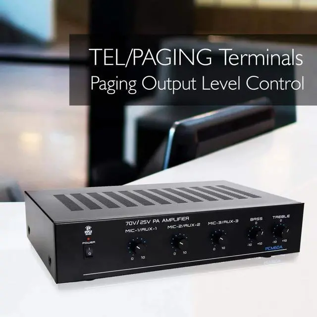 Alt view image 3 of 7 - Compact Mini Home Power Amplifier - 100W Smart Indoor Audio Stereo Receiver w/ RCA, 3 Microphone IN, AUX, 25/70V Outputs, LED, Input Selector, For PA, Amplified Speaker Sound System PCM60A Black