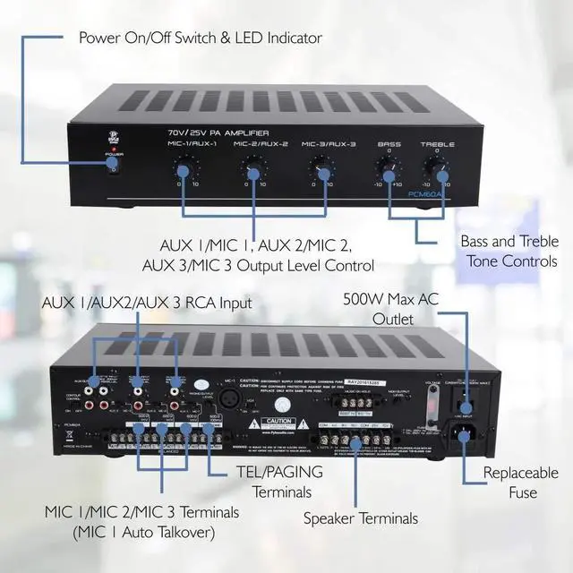 Alt view image 5 of 7 - Compact Mini Home Power Amplifier - 100W Smart Indoor Audio Stereo Receiver w/ RCA, 3 Microphone IN, AUX, 25/70V Outputs, LED, Input Selector, For PA, Amplified Speaker Sound System PCM60A Black