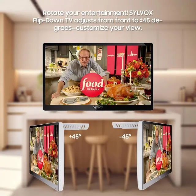Alt view image 2 of 7 - 15.6" Flip-Down TV for Under Cabinet, 12-Volt Small TV with 90-Degree Rotation, Digital Noise Reduction, and Storage Design for Kitchen, Bedroom, RV, and Yacht