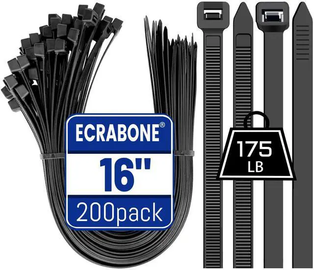 Main image of 200 Pack 16 Inch Zip Ties Heavy Duty, 175 lbs Tensile Strength, Extra Wide Thick UV Resistant Black Cable Ties for Indoor Outdoor Electrical Projects & Home Organization