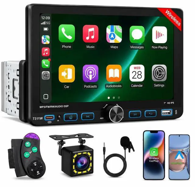 Main image of 7" Single Din Car Stereo Radio with Wireless Apple CarPlay for Car | IPS Touchscreen,Bluetooth 5.2,Backup Camera,FM/AM/RDS,Android Auto,SWC,GPS Navigation,USB,Type-C Fast Charging,MIC