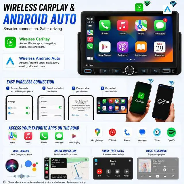Alt view image 2 of 7 - 7" Single Din Car Stereo Radio with Wireless Apple CarPlay for Car | IPS Touchscreen,Bluetooth 5.2,Backup Camera,FM/AM/RDS,Android Auto,SWC,GPS Navigation,USB,Type-C Fast Charging,MIC