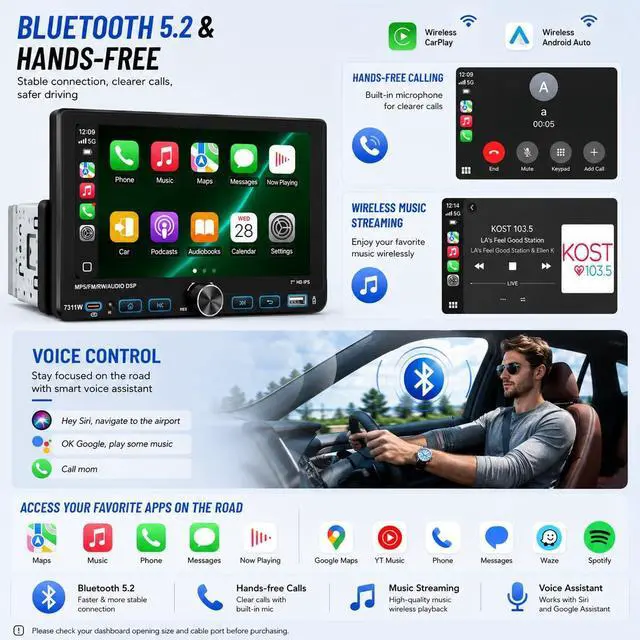 Alt view image 3 of 7 - 7" Single Din Car Stereo Radio with Wireless Apple CarPlay for Car | IPS Touchscreen,Bluetooth 5.2,Backup Camera,FM/AM/RDS,Android Auto,SWC,GPS Navigation,USB,Type-C Fast Charging,MIC