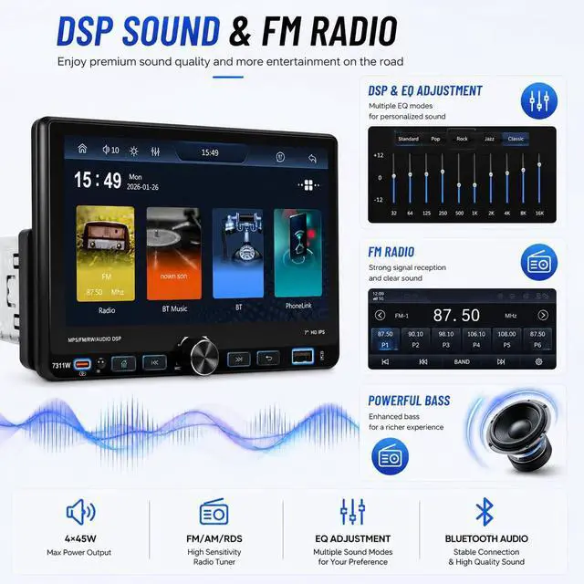 Alt view image 4 of 7 - 7" Single Din Car Stereo Radio with Wireless Apple CarPlay for Car | IPS Touchscreen,Bluetooth 5.2,Backup Camera,FM/AM/RDS,Android Auto,SWC,GPS Navigation,USB,Type-C Fast Charging,MIC