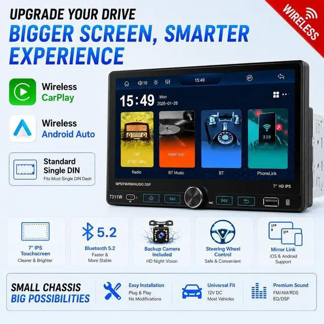 Alt view image 5 of 7 - 7" Single Din Car Stereo Radio with Wireless Apple CarPlay for Car | IPS Touchscreen,Bluetooth 5.2,Backup Camera,FM/AM/RDS,Android Auto,SWC,GPS Navigation,USB,Type-C Fast Charging,MIC