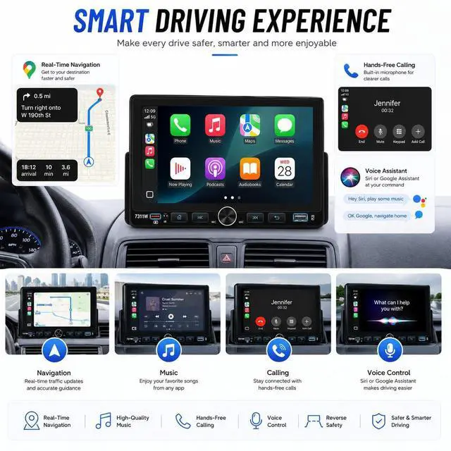 Alt view image 6 of 7 - 7" Single Din Car Stereo Radio with Wireless Apple CarPlay for Car | IPS Touchscreen,Bluetooth 5.2,Backup Camera,FM/AM/RDS,Android Auto,SWC,GPS Navigation,USB,Type-C Fast Charging,MIC
