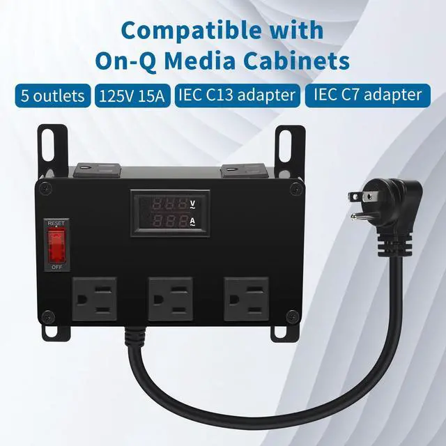 Alt view image 2 of 7 - Media Cabinet Power Strip, 5 Outlets, Half Width, Compatible with On-Q Media Cabinets, 3 IEC C13 Adapters, 1 IEC C7 Adapter, AC1031