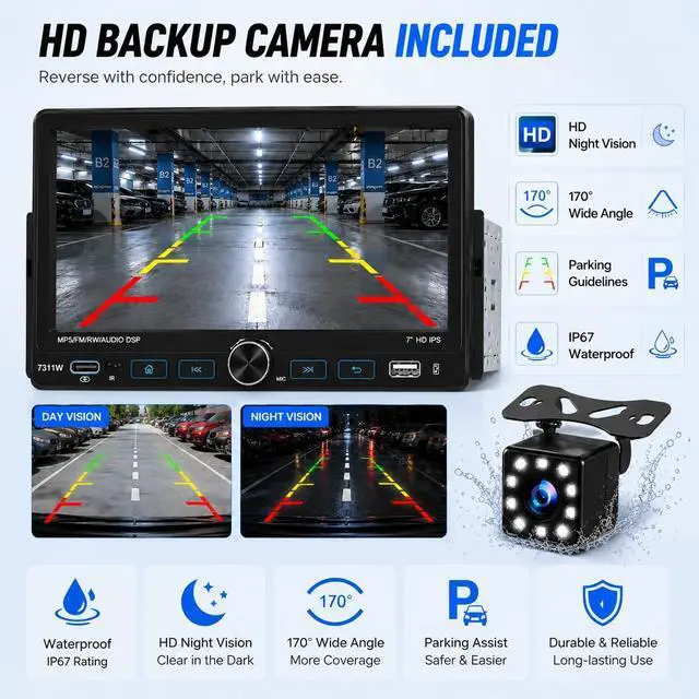 Alt view image 7 of 7 - 7" Single Din Car Stereo Radio with Wireless Apple CarPlay for Car | IPS Touchscreen,Bluetooth 5.2,Backup Camera,FM/AM/RDS,Android Auto,SWC,GPS Navigation,USB,Type-C Fast Charging,MIC