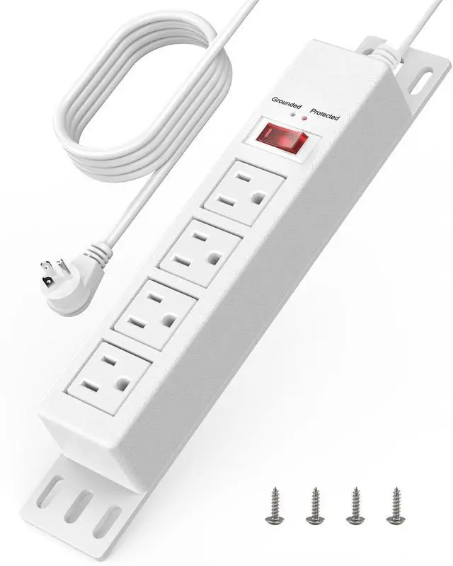 Main image of 1500J Surge Protector Power Strip 4 Outlet Mountable, White 6 ft | Grounded & Protected Indicator, Wall Mount, Protection Switch, 45° Flat Plug Extension Cord for Home Office, Dorm, ETL Listed