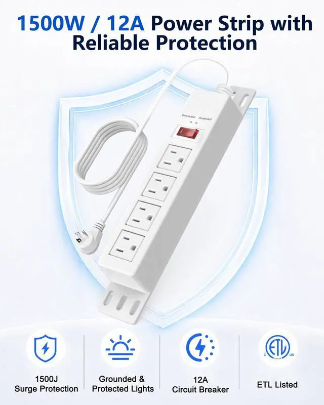 Alt view image 2 of 7 - 1500J Surge Protector Power Strip 4 Outlet Mountable, White 6 ft | Grounded & Protected Indicator, Wall Mount, Protection Switch, 45° Flat Plug Extension Cord for Home Office, Dorm, ETL Listed