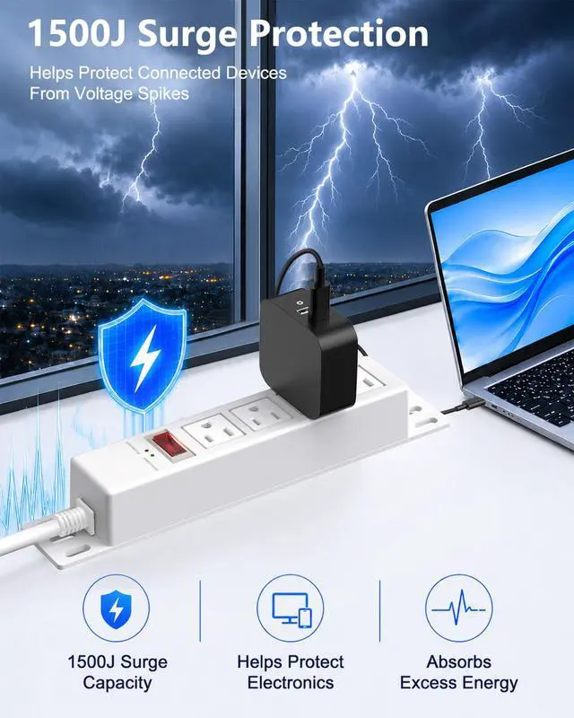 Alt view image 3 of 7 - 1500J Surge Protector Power Strip 4 Outlet Mountable, White 6 ft | Grounded & Protected Indicator, Wall Mount, Protection Switch, 45° Flat Plug Extension Cord for Home Office, Dorm, ETL Listed