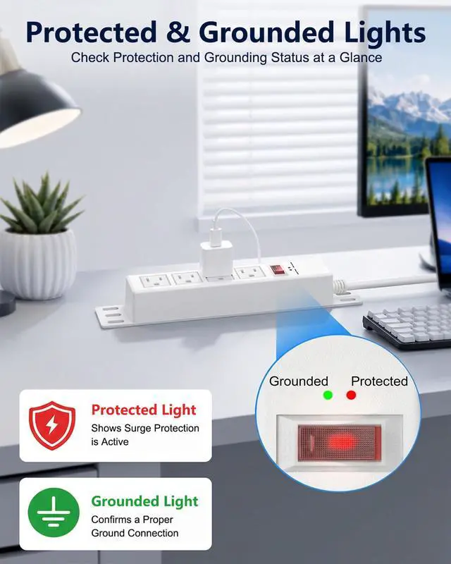 Alt view image 4 of 7 - 1500J Surge Protector Power Strip 4 Outlet Mountable, White 6 ft | Grounded & Protected Indicator, Wall Mount, Protection Switch, 45° Flat Plug Extension Cord for Home Office, Dorm, ETL Listed