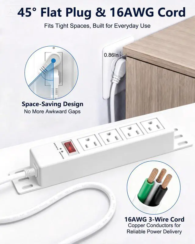 Alt view image 5 of 7 - 1500J Surge Protector Power Strip 4 Outlet Mountable, White 6 ft | Grounded & Protected Indicator, Wall Mount, Protection Switch, 45° Flat Plug Extension Cord for Home Office, Dorm, ETL Listed