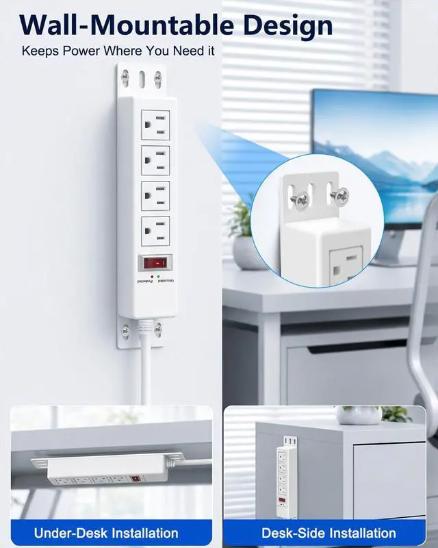 Alt view image 6 of 7 - 1500J Surge Protector Power Strip 4 Outlet Mountable, White 6 ft | Grounded & Protected Indicator, Wall Mount, Protection Switch, 45° Flat Plug Extension Cord for Home Office, Dorm, ETL Listed
