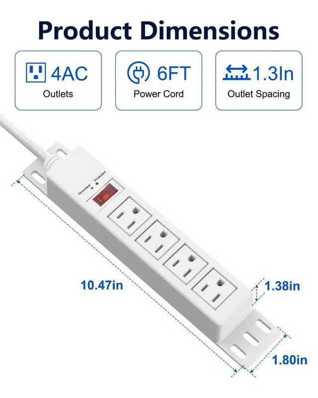 Alt view image 7 of 7 - 1500J Surge Protector Power Strip 4 Outlet Mountable, White 6 ft | Grounded & Protected Indicator, Wall Mount, Protection Switch, 45° Flat Plug Extension Cord for Home Office, Dorm, ETL Listed