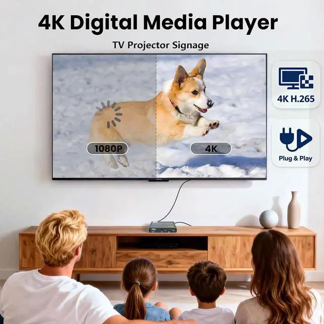 Alt view image 2 of 7 - 4K Full HD Digital Media Player for USB Drives/SD Cards, TV Digital Signage | Plug & Play, Auto Play Resume Loop, H.265/HEVC, MP4, MKV, MP3, Photo, PPT, Analog AV/HDMI Port (Grey)