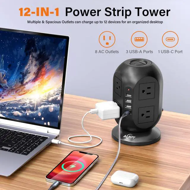 Alt view image 2 of 7 - Surge Protector Power Strip Tower with 8 Outlets 4 USB Ports(1 USB-C) | 10 FT Flat Extension Cord with Multiple Outlets, Charging Tower with Surge Protection for Home Office Dorm Room Essentials