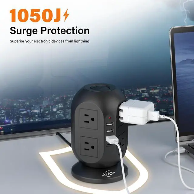 Alt view image 4 of 7 - Surge Protector Power Strip Tower with 8 Outlets 4 USB Ports(1 USB-C) | 10 FT Flat Extension Cord with Multiple Outlets, Charging Tower with Surge Protection for Home Office Dorm Room Essentials