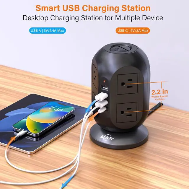 Alt view image 5 of 7 - Surge Protector Power Strip Tower with 8 Outlets 4 USB Ports(1 USB-C) | 10 FT Flat Extension Cord with Multiple Outlets, Charging Tower with Surge Protection for Home Office Dorm Room Essentials