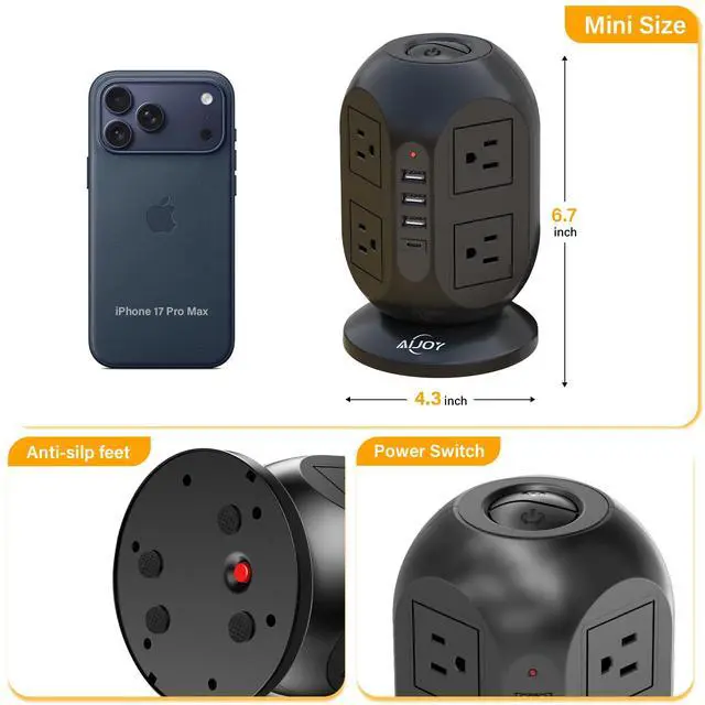 Alt view image 7 of 7 - Surge Protector Power Strip Tower with 8 Outlets 4 USB Ports(1 USB-C) | 10 FT Flat Extension Cord with Multiple Outlets, Charging Tower with Surge Protection for Home Office Dorm Room Essentials