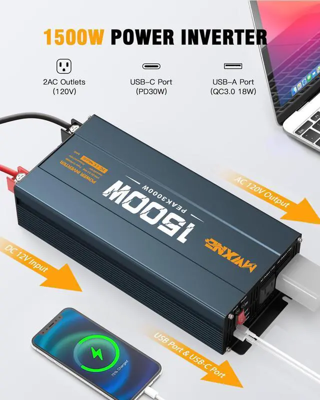 Alt view image 2 of 7 - 1500W Power Inverter, 12V DC to 120V AC Converter with Dual AC Outlets,QC3.0 18W USB and 30W Type-C, Car Inverter for Truck RV Home - Navy Blue/Black