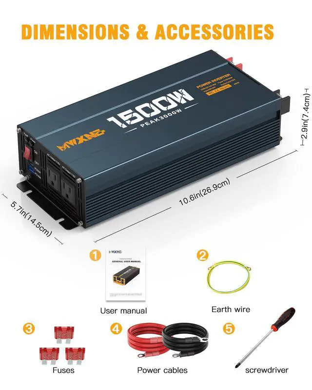 Alt view image 6 of 7 - 1500W Power Inverter, 12V DC to 120V AC Converter with Dual AC Outlets,QC3.0 18W USB and 30W Type-C, Car Inverter for Truck RV Home - Navy Blue/Black